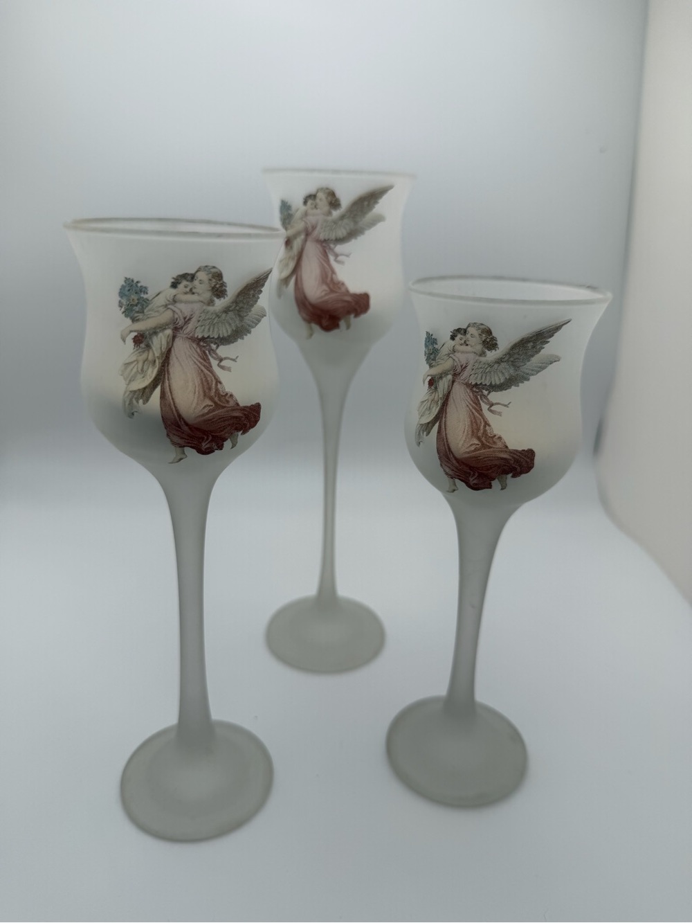 Frosted Glass Angel Cordial Stem candleholders - Set of 3